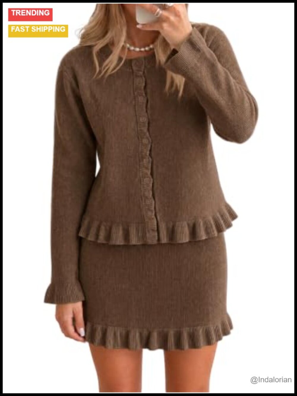 2 Piece Knit Sweater Skirt Set Cropped Cardigan High Waisted Mini Skirt Ruffle